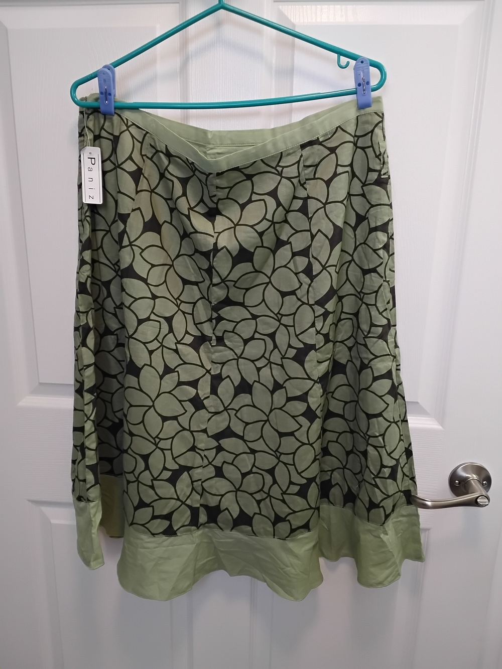 Paniz Green Floral Print Midi Skirt with Solid Green Bottom Flair 100% Cotton